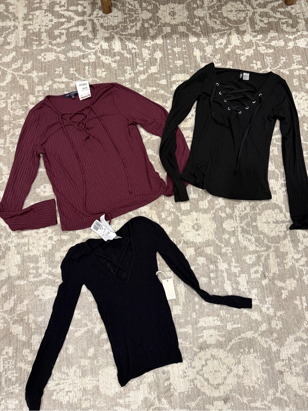 Lace-Up Ribbed Long Sleeve Tops - Burgundy & Black